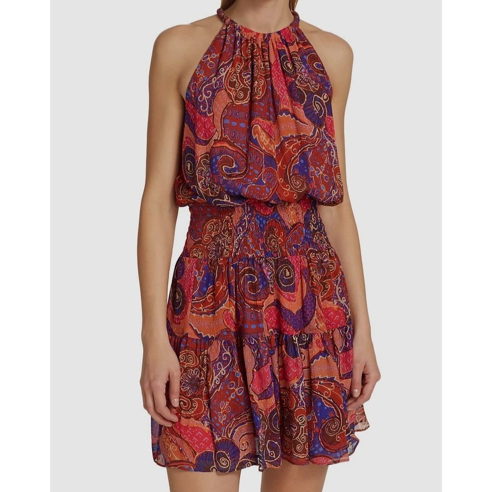 A.L.C. Cory Silk Sleeveless Mini Dress High Neck Pink Cobalt Multi Size 6